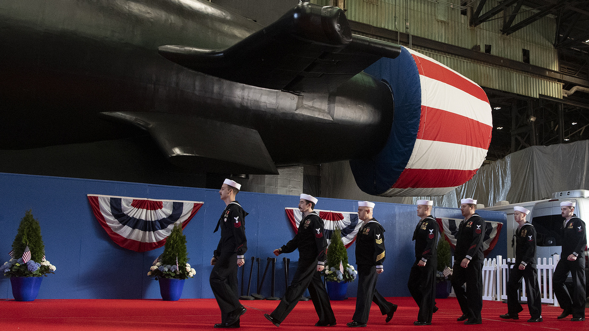 The USS Idaho (SSN 799) at its christening event. 